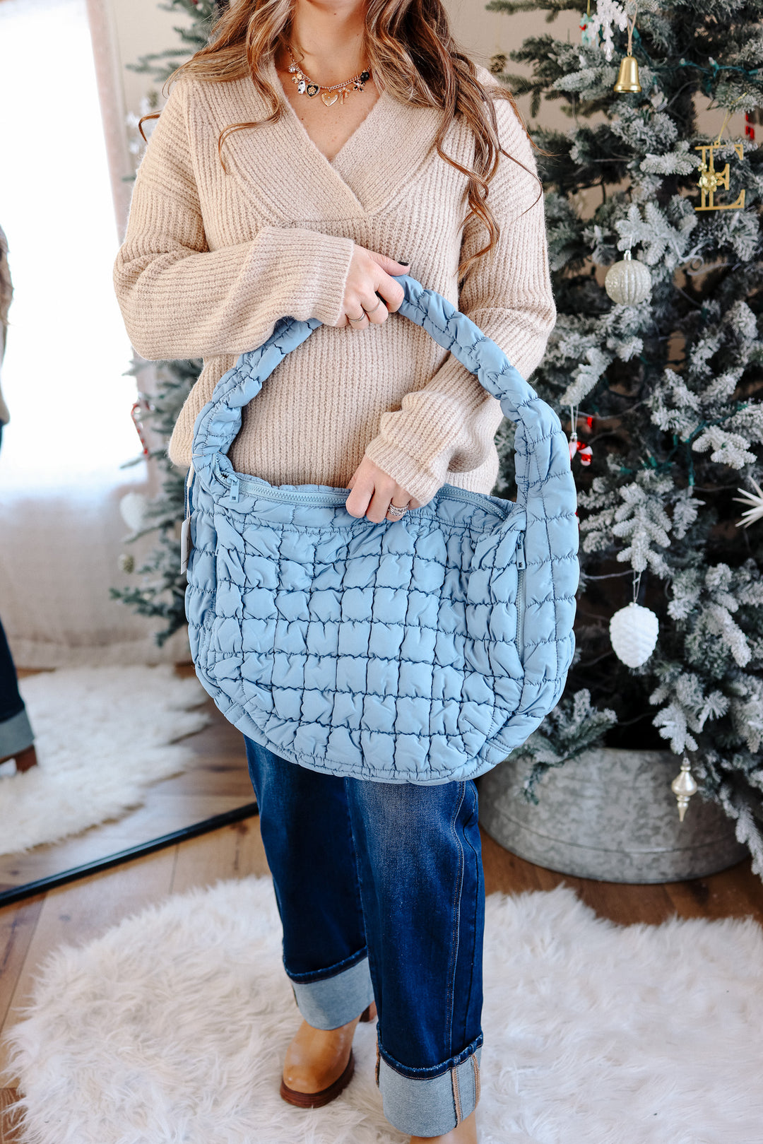 Large Puffer Quilted Shoulder Bag - Blue