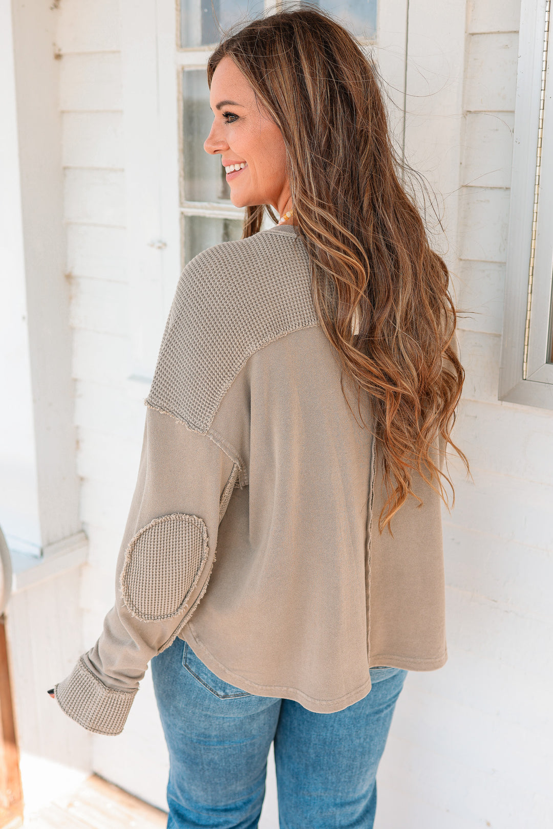 Jaida Mineral Washed Waffle Mixed Top - Grey