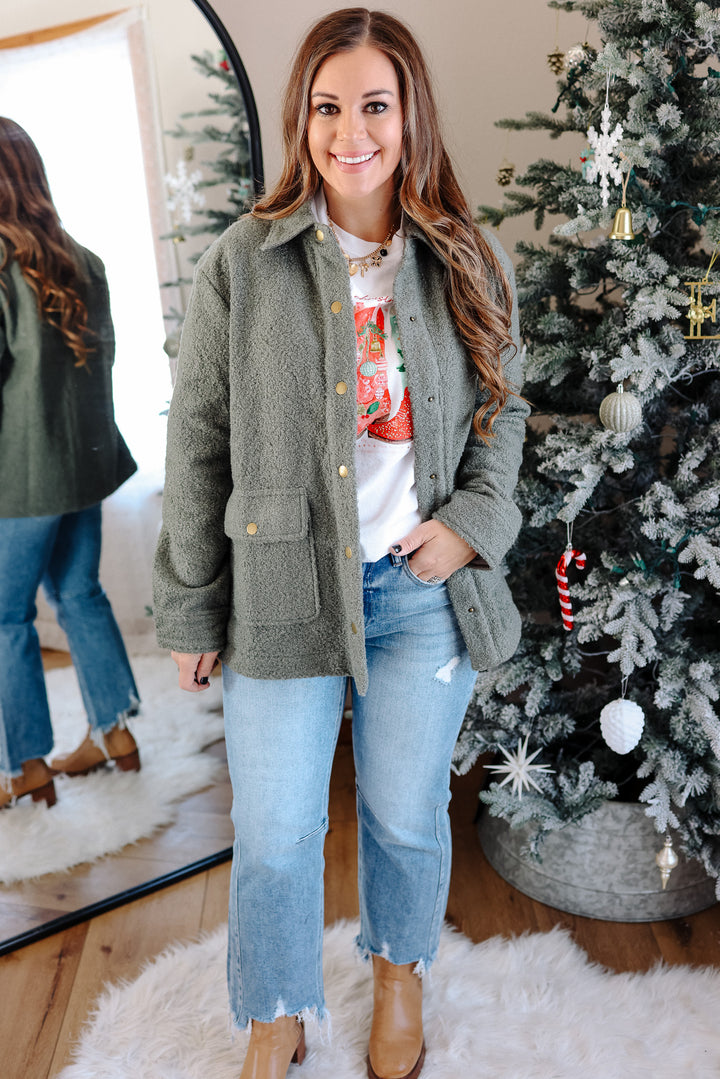 Gena Snap Button Teddy Jacket - Cactus Green