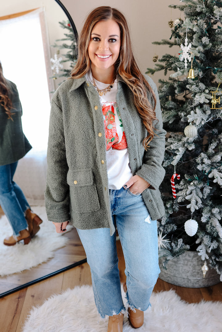 Gena Snap Button Teddy Jacket - Cactus Green