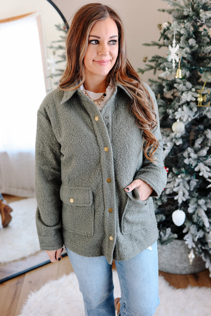 Gena Snap Button Teddy Jacket - Cactus Green