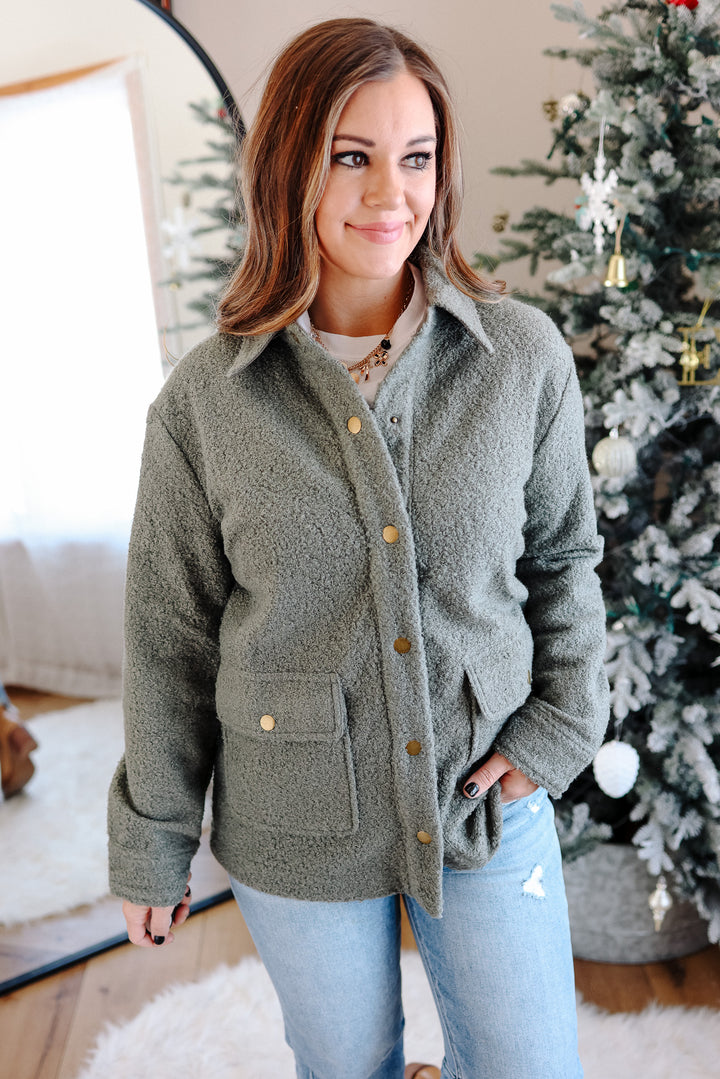 Gena Snap Button Teddy Jacket - Cactus Green