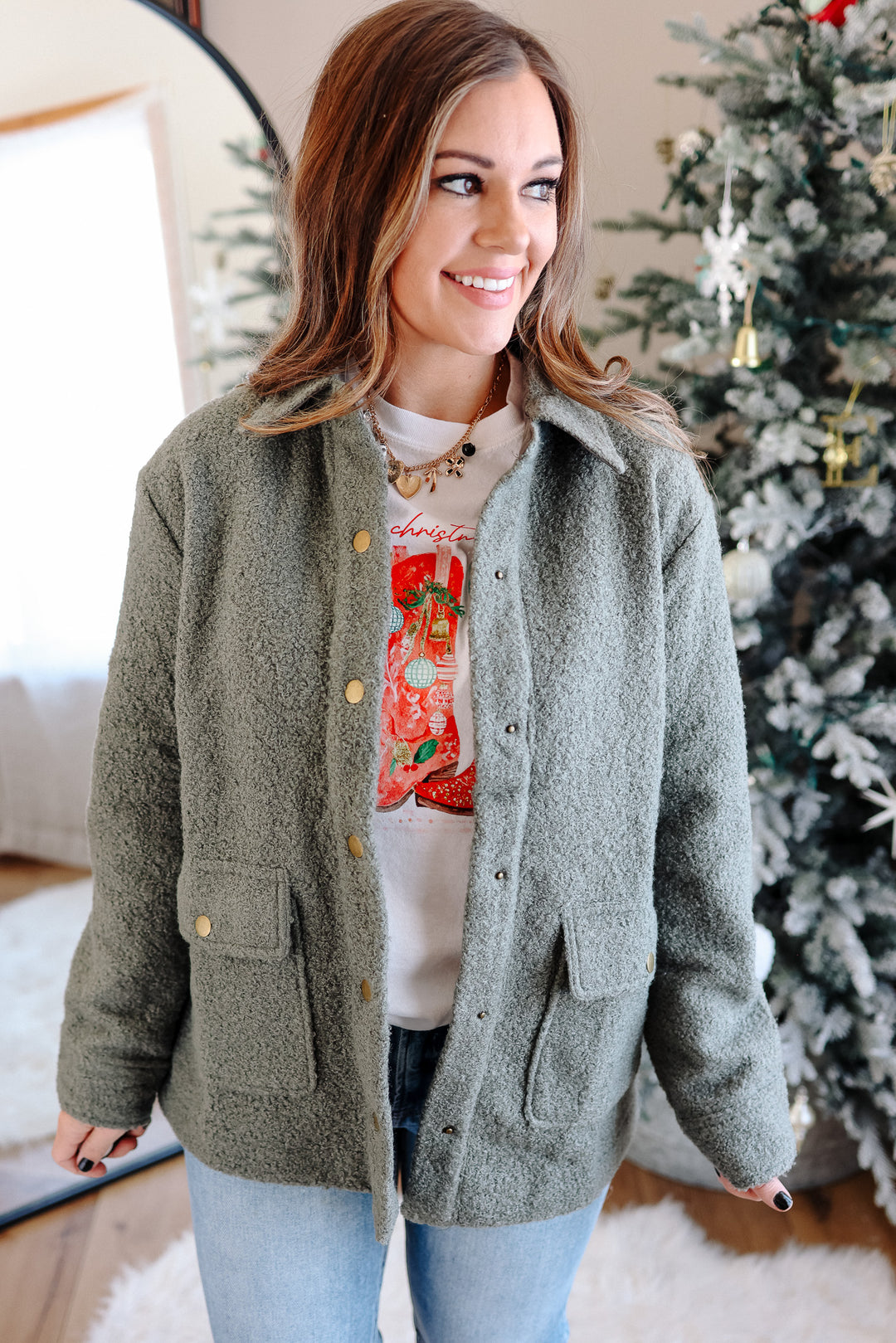 Gena Snap Button Teddy Jacket - Cactus Green