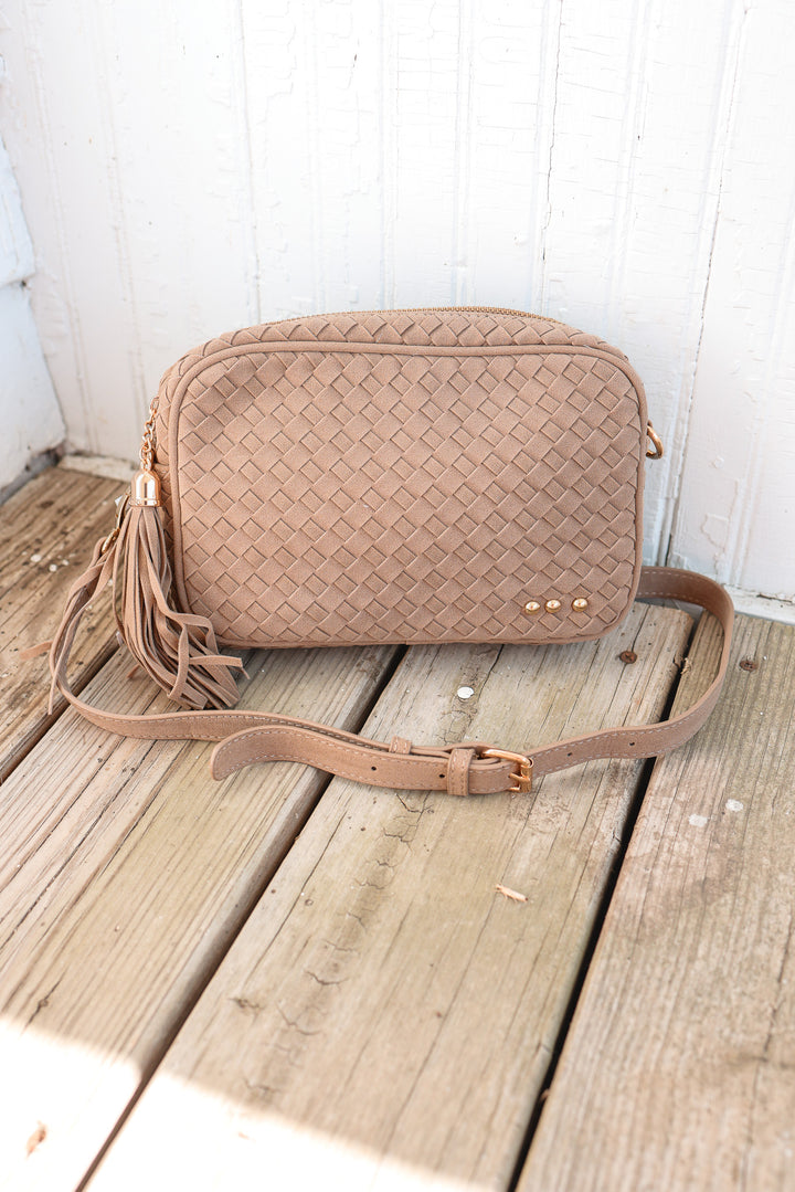 Suede Woven Willow Camera Crossbody Bag - Taupe