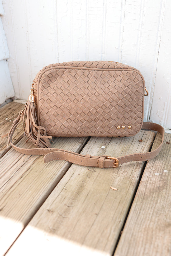 Suede Woven Willow Camera Crossbody Bag - Taupe