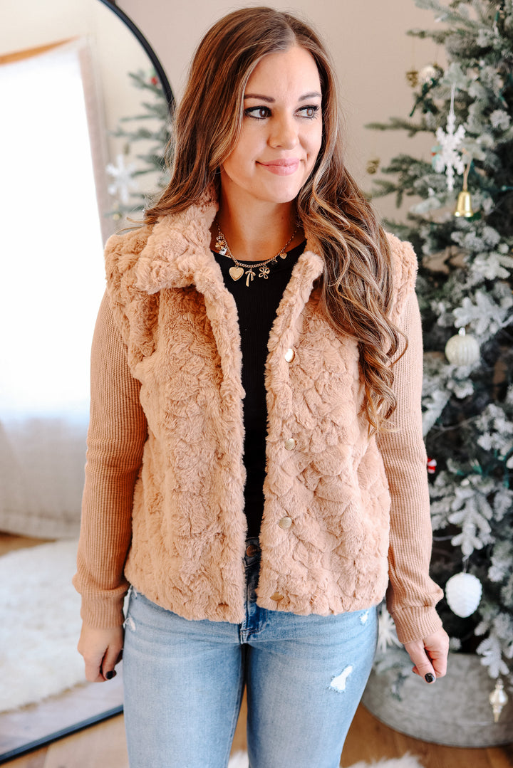 Chloe Knit Sleeve Fur Jacket - Camel