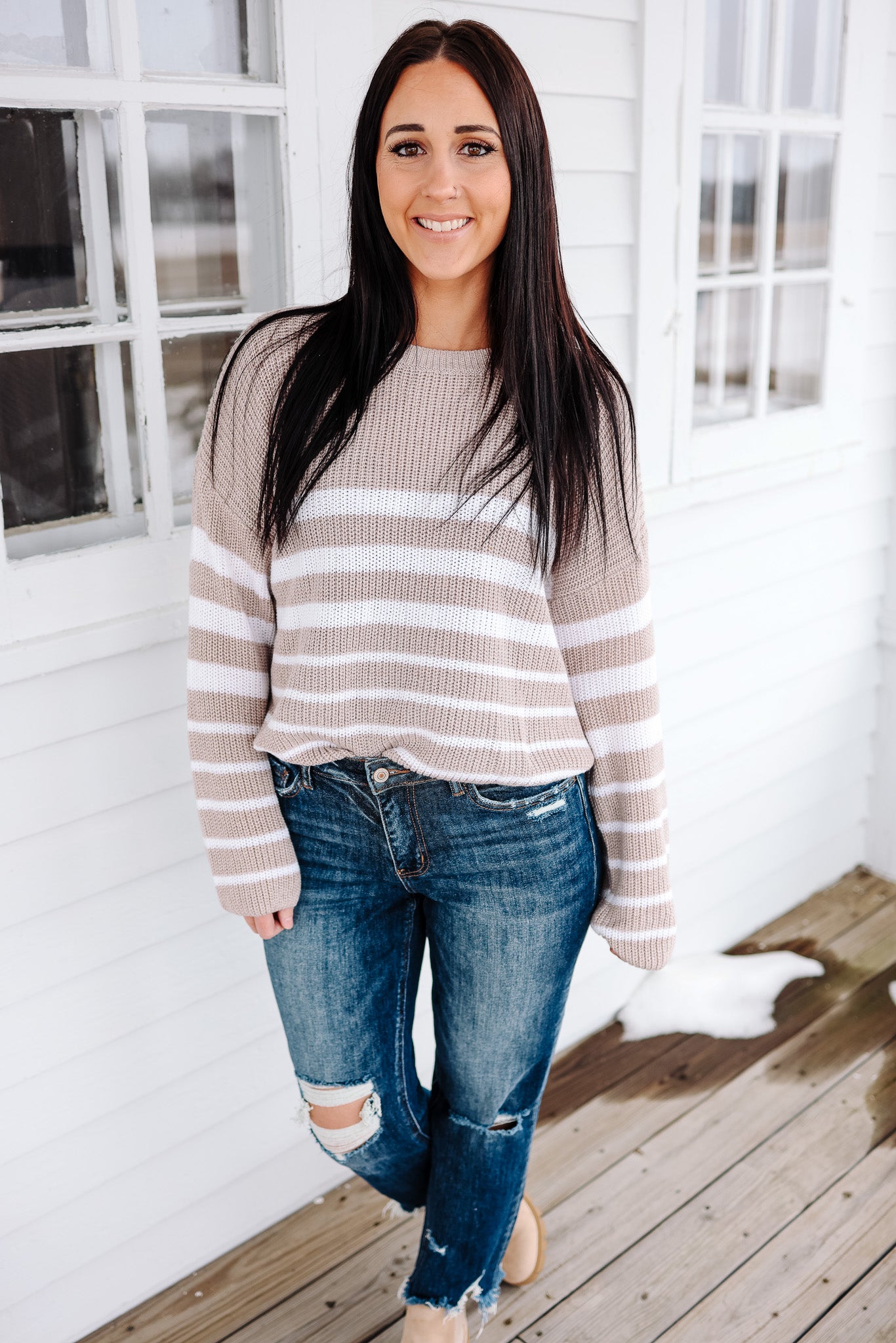 Lucy Striped Knit Sweater - Taupe
