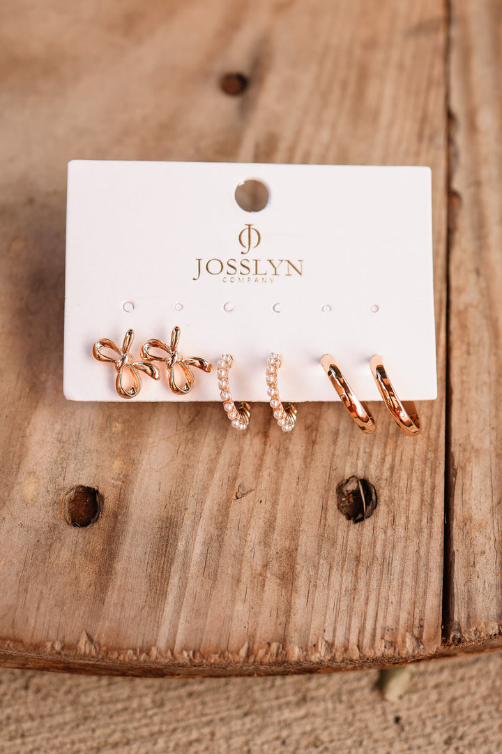 Bow Pearl Studded Gold Hoop Trio Earrings