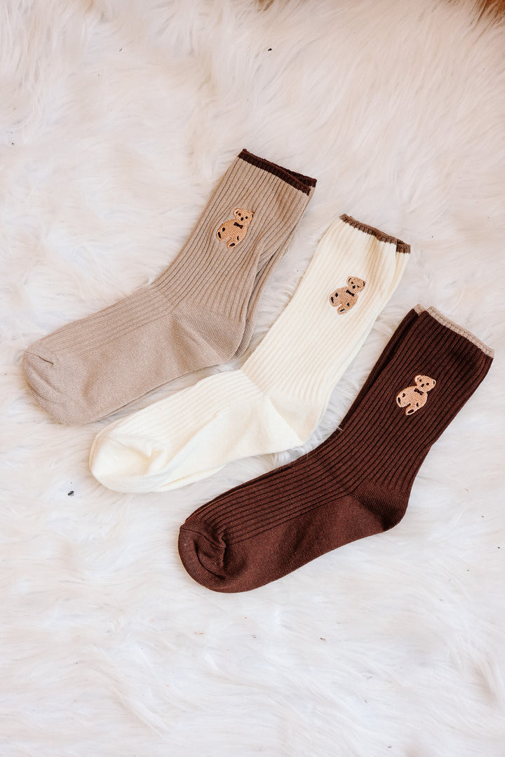 Brown Bear Embroidery Crew Socks Pack - Coffee/Cream/Beige