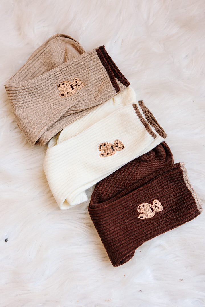 Brown Bear Embroidery Crew Socks Pack - Coffee/Cream/Beige
