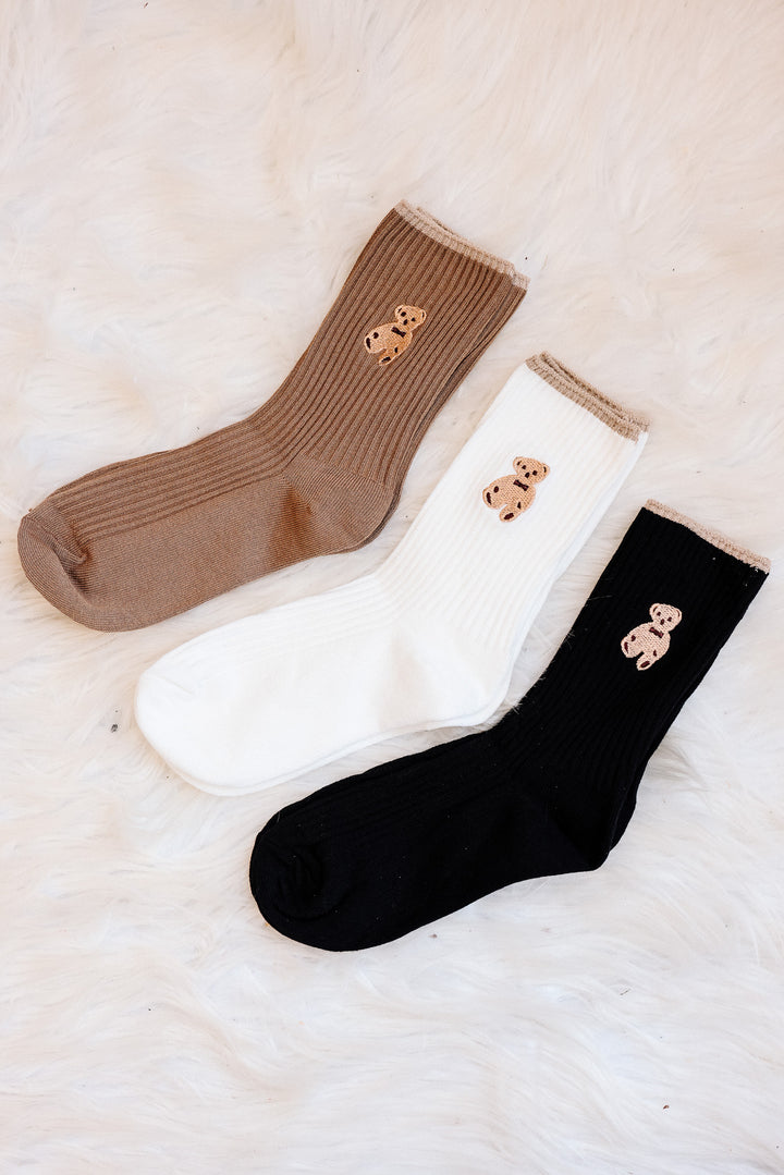 Brown Bear Embroidery Crew Socks Pack - Black/White/Khaki