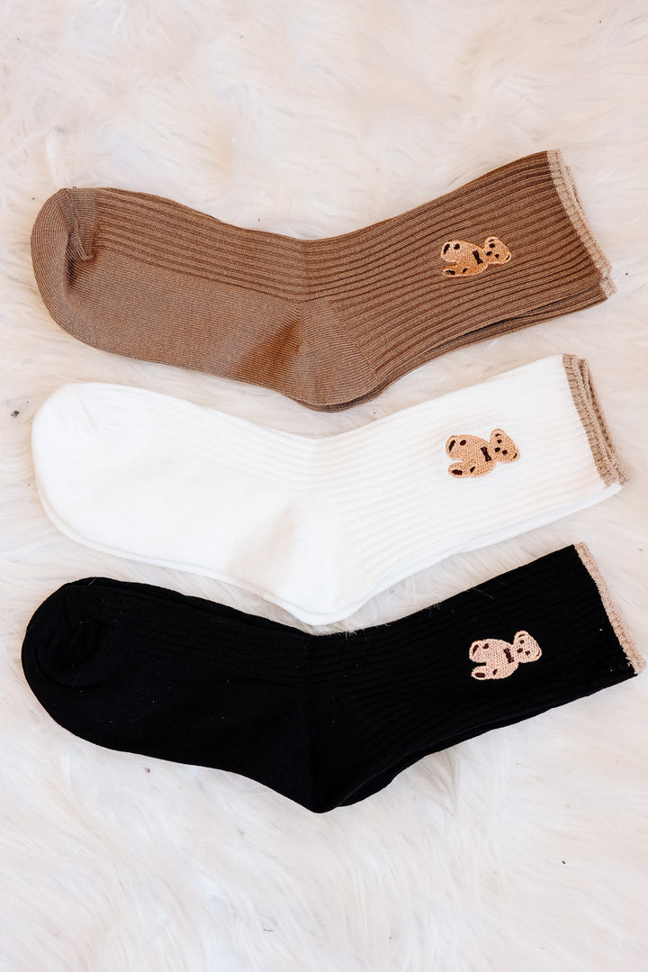 Brown Bear Embroidery Crew Socks Pack - Black/White/Khaki
