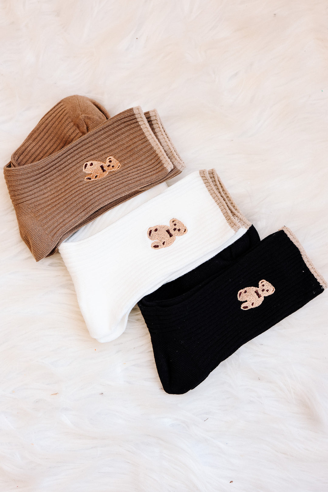 Brown Bear Embroidery Crew Socks Pack - Black/White/Khaki