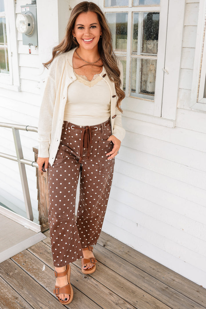 Polka Dot Denim Barrel Jeans - Brown