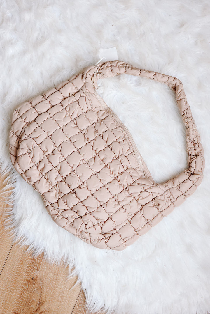 Large Puffer Quilted Shoulder Bag - Beige