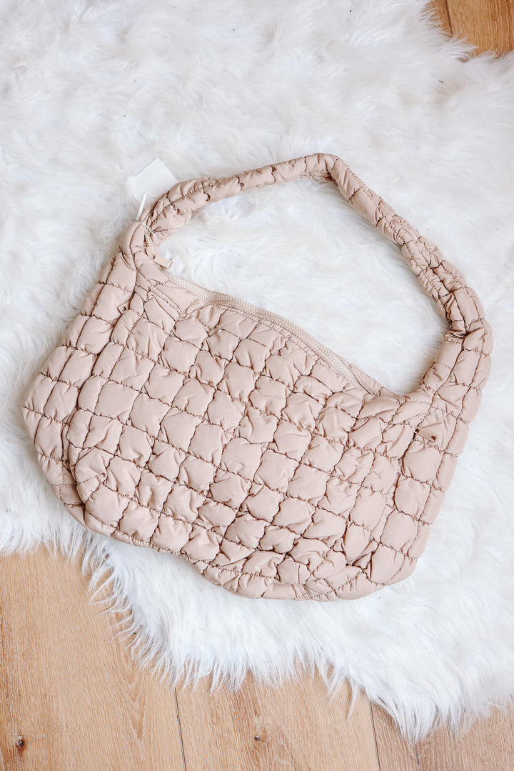 Large Puffer Quilted Shoulder Bag - Beige