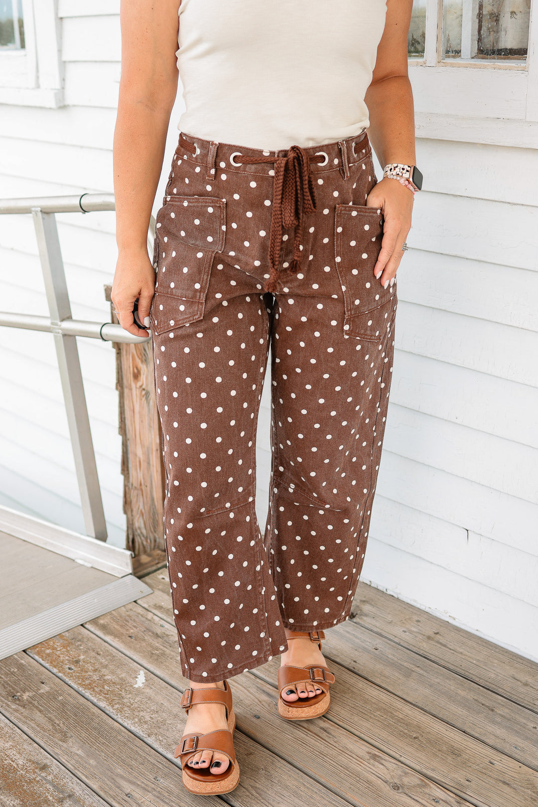 Polka Dot Denim Barrel Jeans - Brown