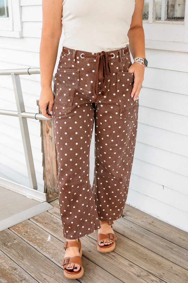 Polka Dot Denim Barrel Jeans - Brown