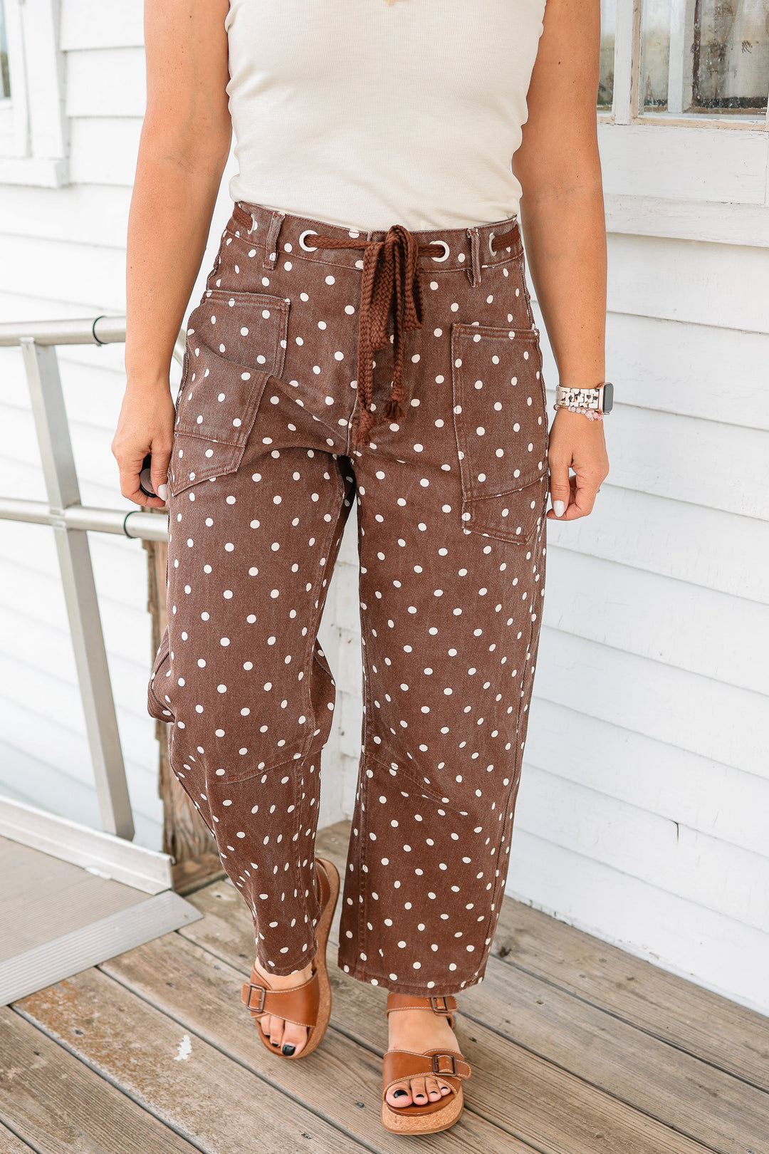 Polka Dot Denim Barrel Jeans - Brown