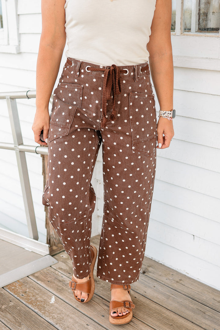 Polka Dot Denim Barrel Jeans - Brown
