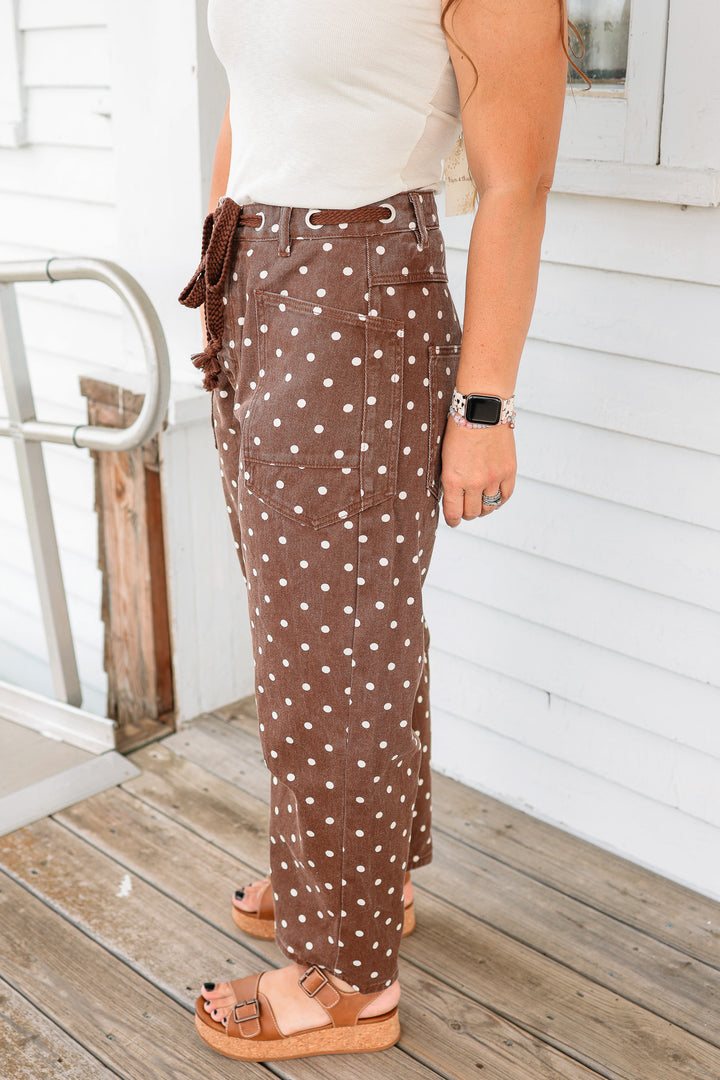 Polka Dot Denim Barrel Jeans - Brown