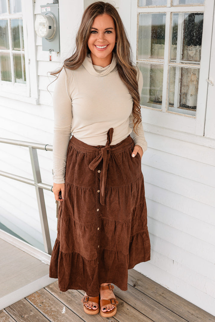 Julia Tiered Corduroy Maxi Skirt - Chocolate