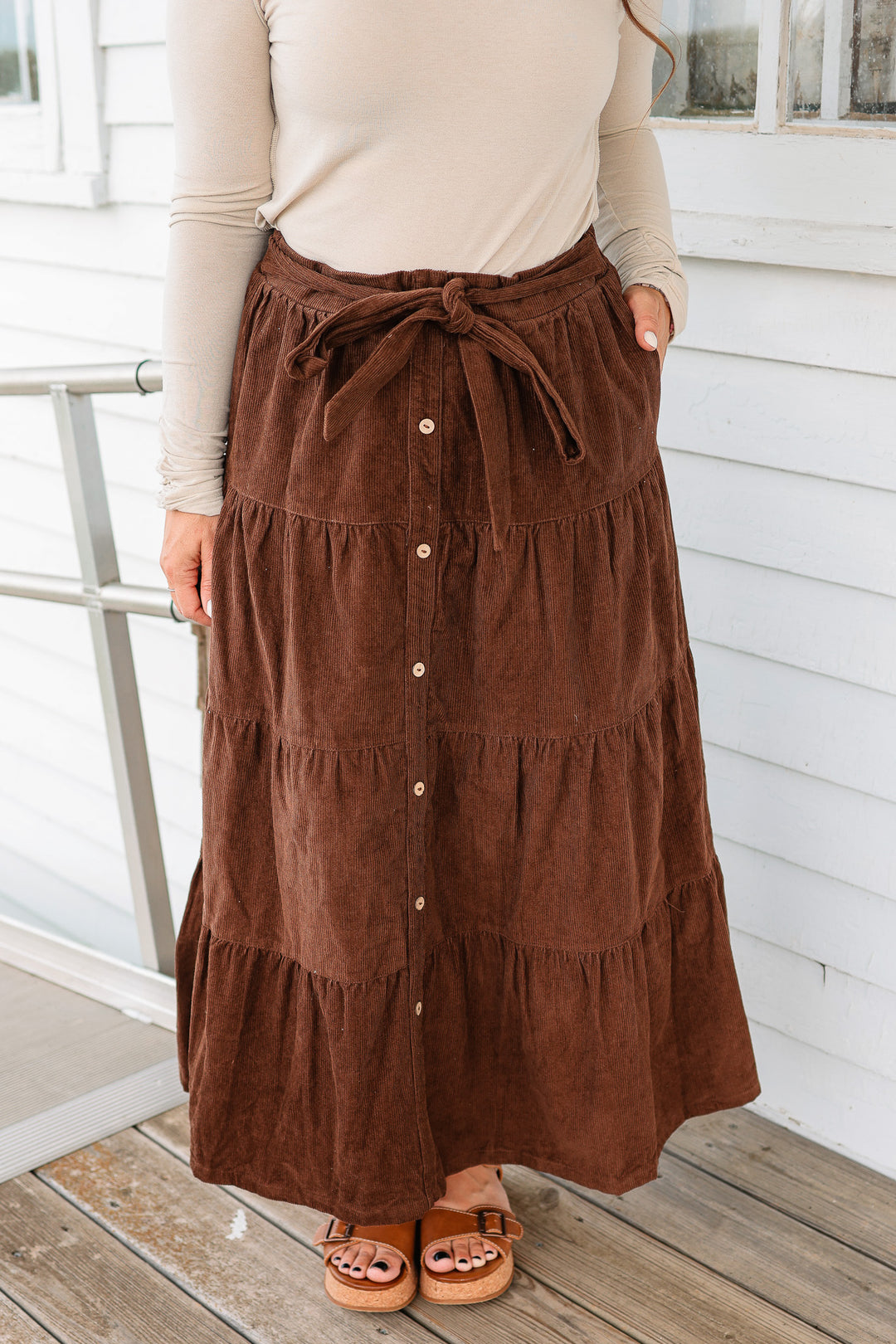 Julia Tiered Corduroy Maxi Skirt - Chocolate