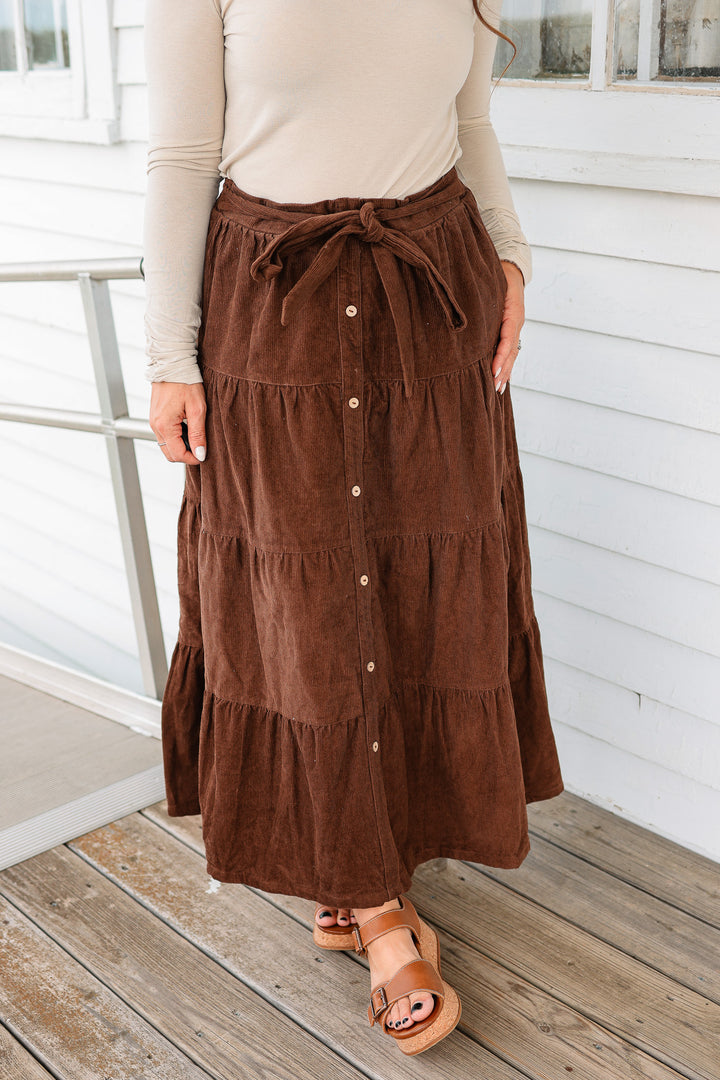 Julia Tiered Corduroy Maxi Skirt - Chocolate
