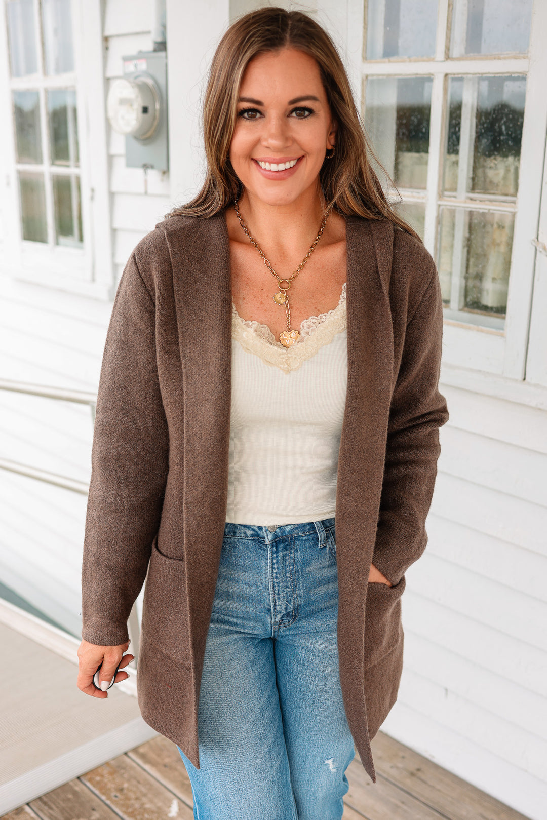 Fiora Open Front Hoodie Cardigan - Dark Mocha
