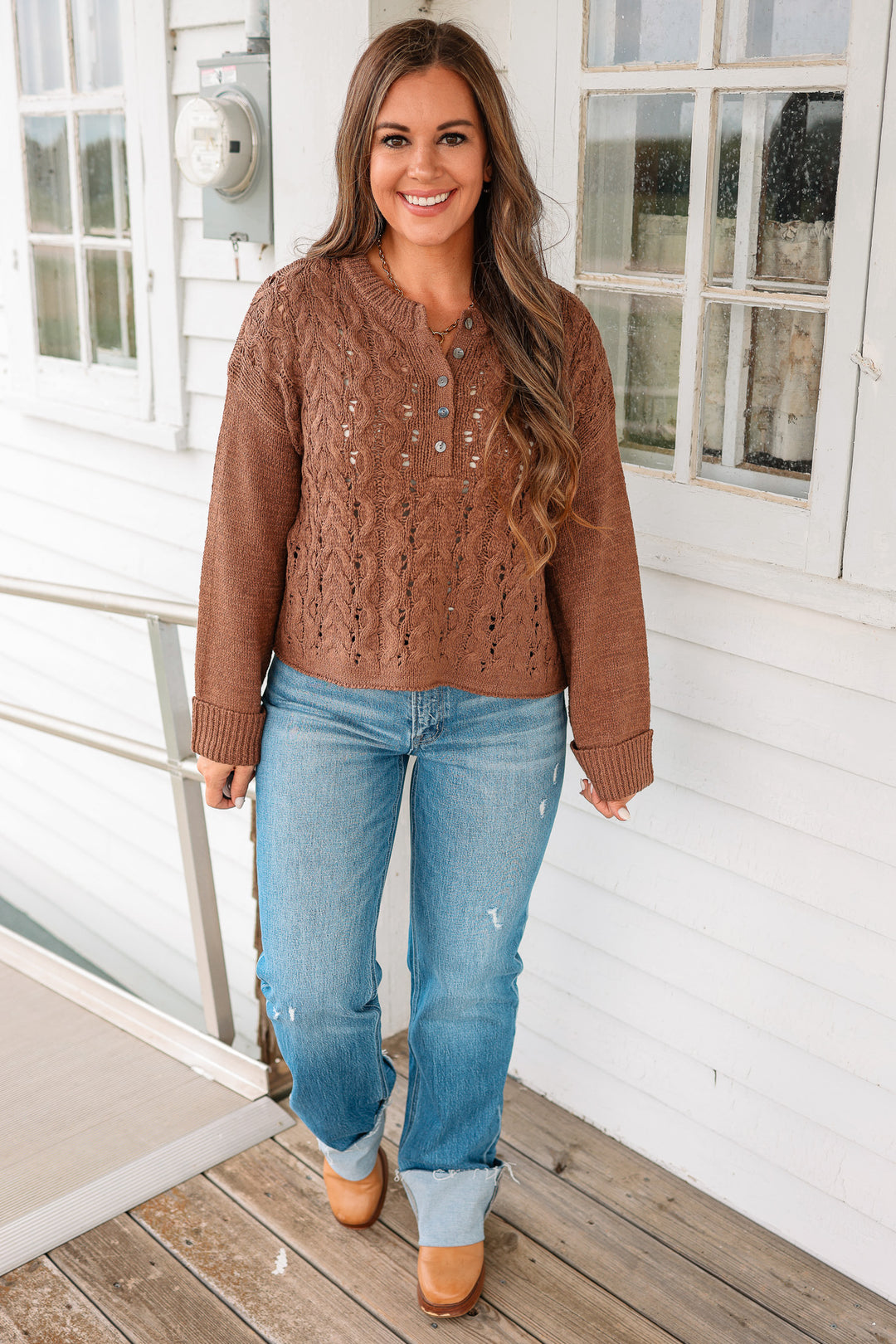 Cecilia Crewneck Button Front Sweater - Chocolate