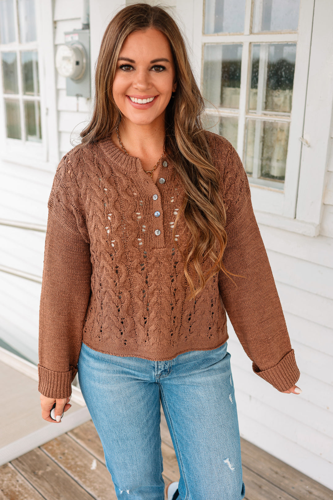 Cecilia Crewneck Button Front Sweater - Chocolate