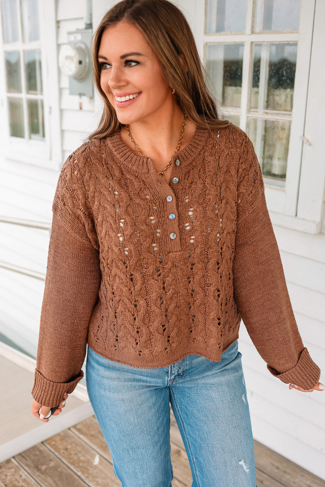 Cecilia Crewneck Button Front Sweater - Chocolate