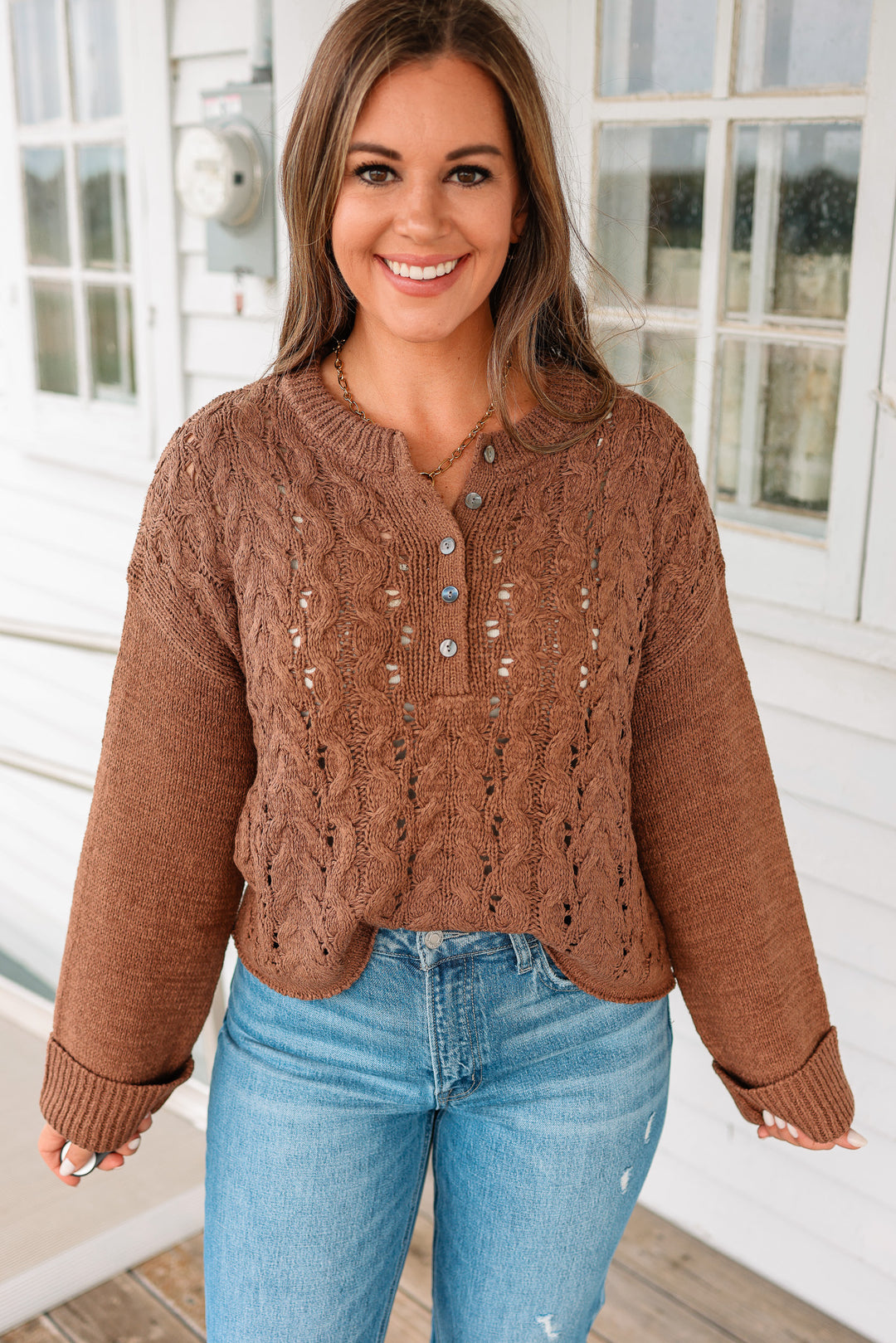 Cecilia Crewneck Button Front Sweater - Chocolate