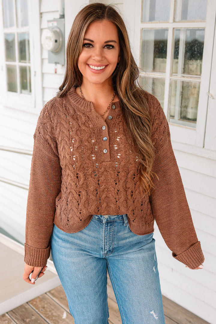 Cecilia Crewneck Button Front Sweater - Chocolate