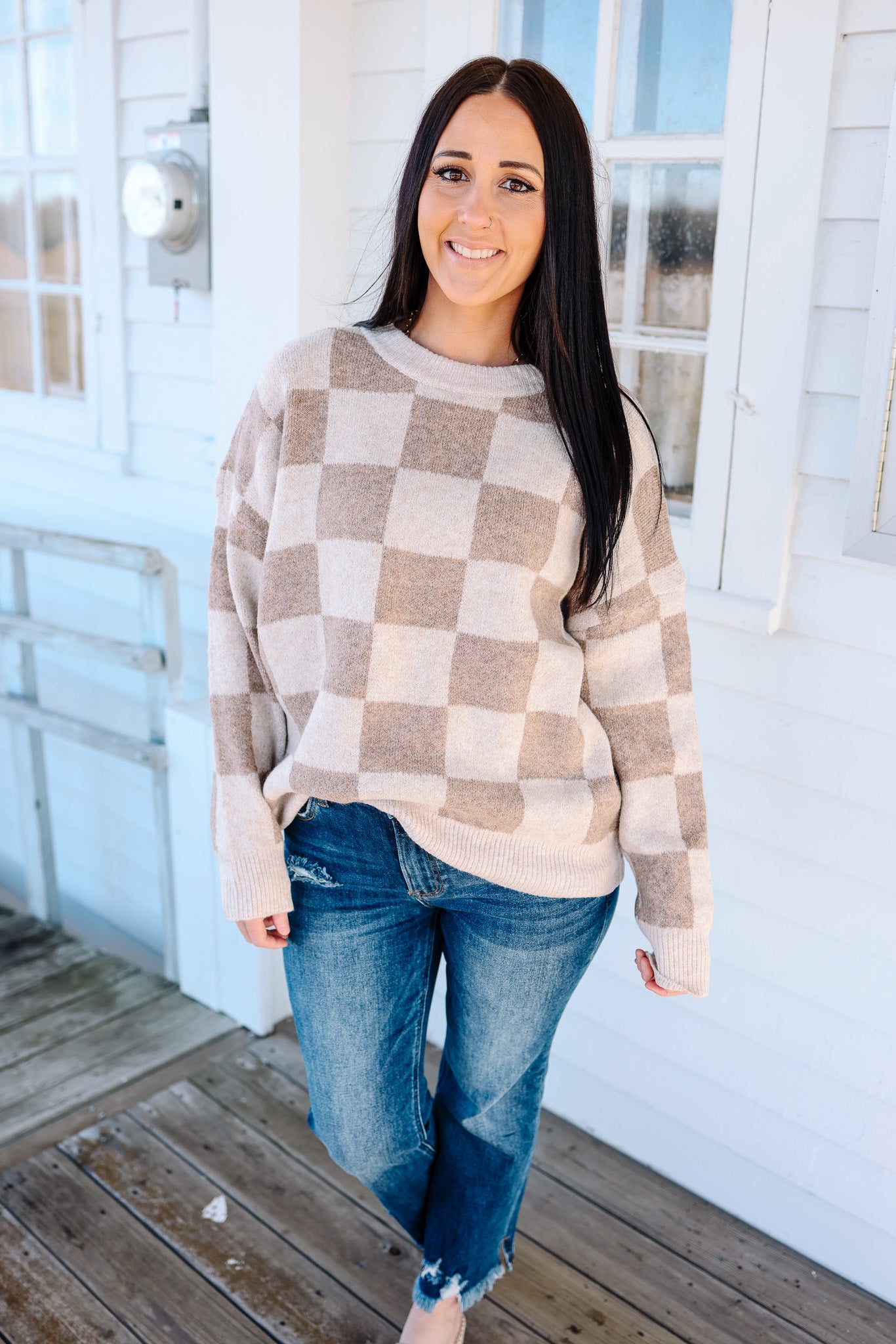 Wren Checkered Sweater - Cream/Beige