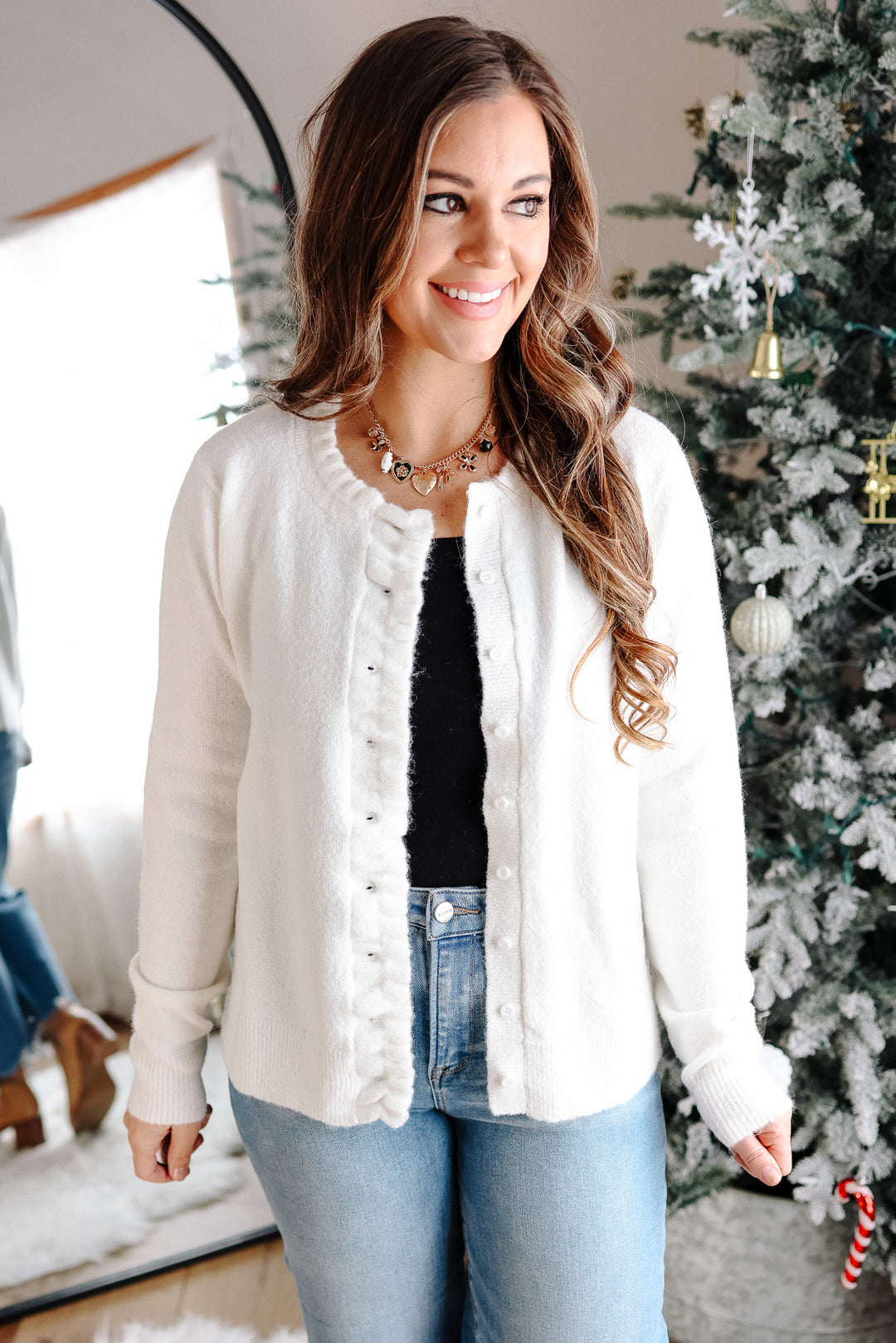 Brielle Ruffled Button Down Cardigan - Ivory