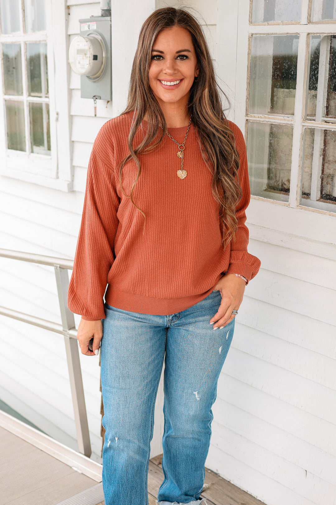 Roslyn Textured Balloon Sleeve Sweater - Rust