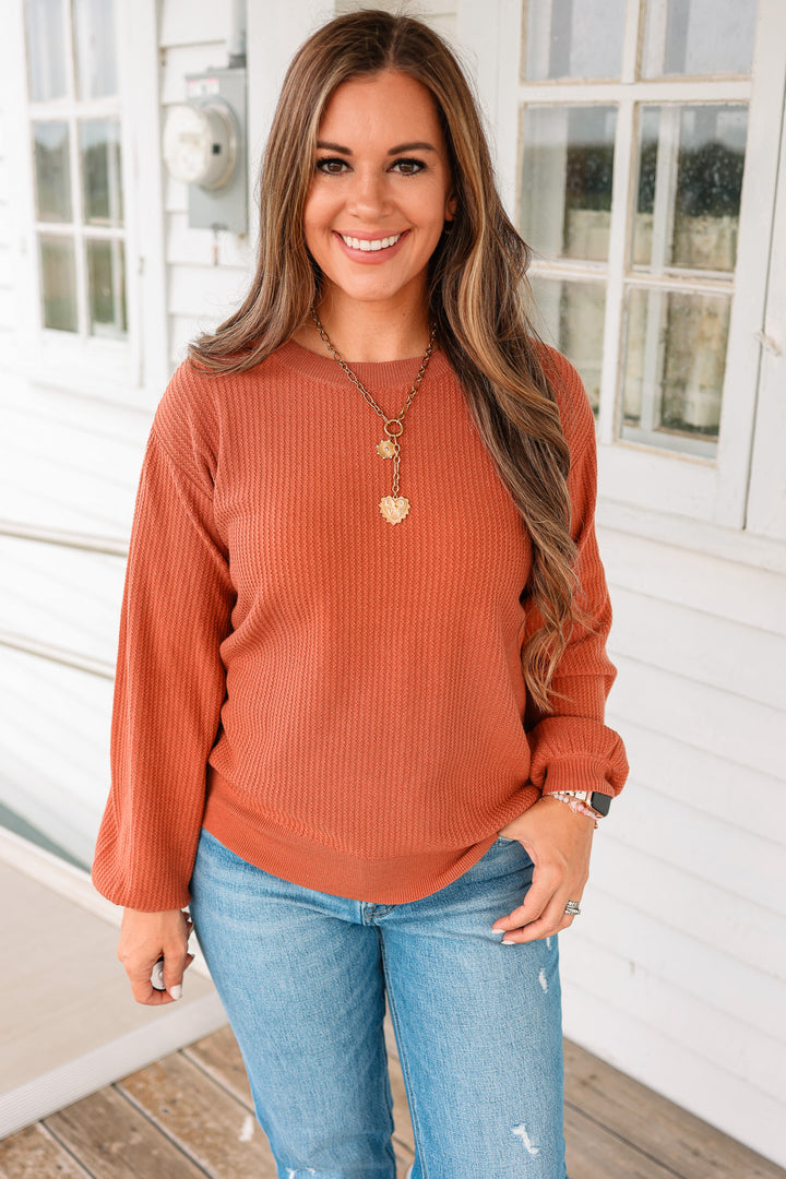 Roslyn Textured Balloon Sleeve Sweater - Rust