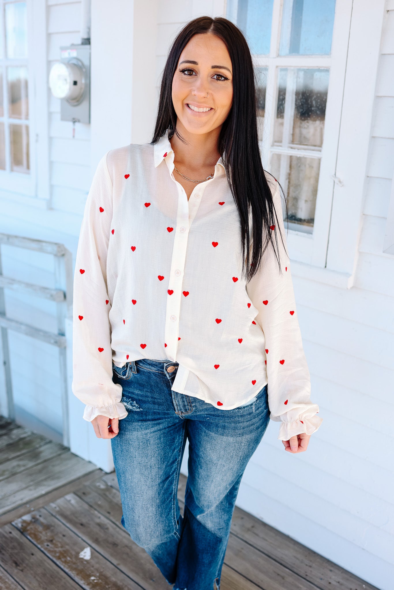 Heart Embroidered Button Down Shirt