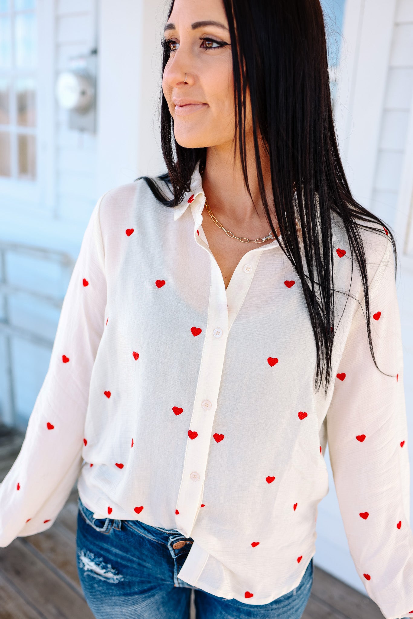 Heart Embroidered Button Down Shirt