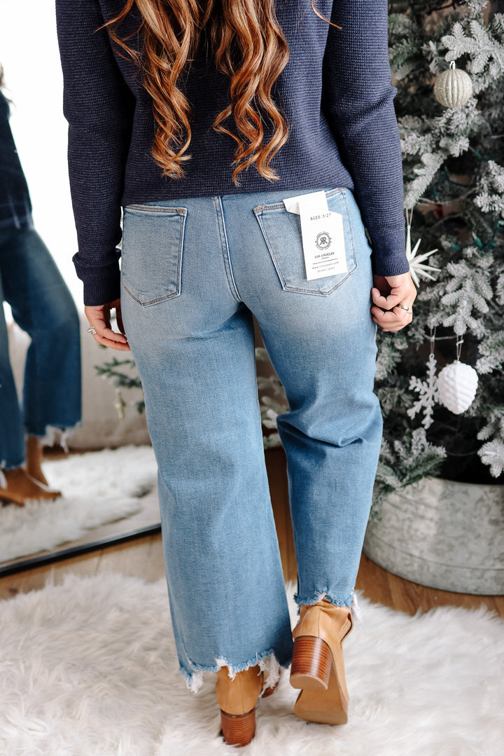 RISEN: Dane Tummy Control Wide Crop Light Wash Jeans