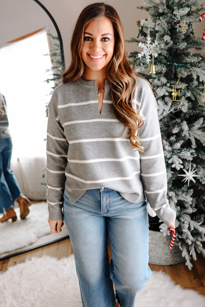 Arden Stripe V-Neck Sweater - Grey