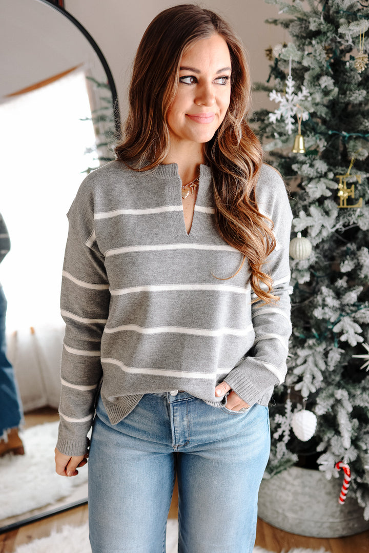 Arden Stripe V-Neck Sweater - Grey