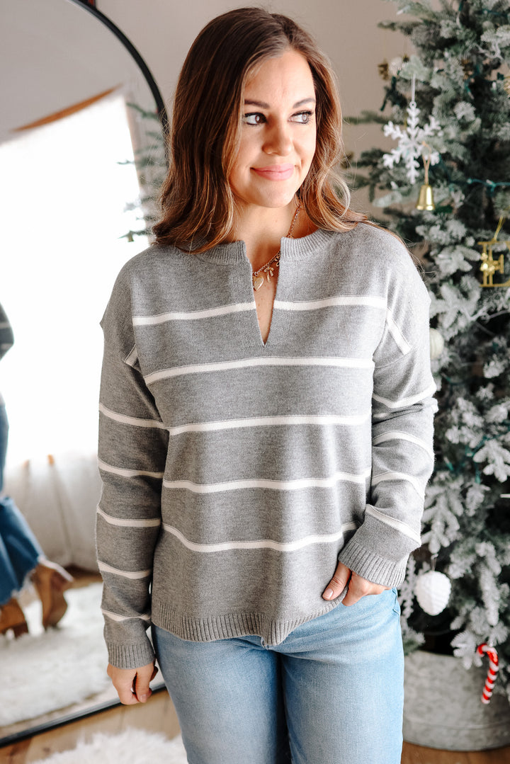 Arden Stripe V-Neck Sweater - Grey