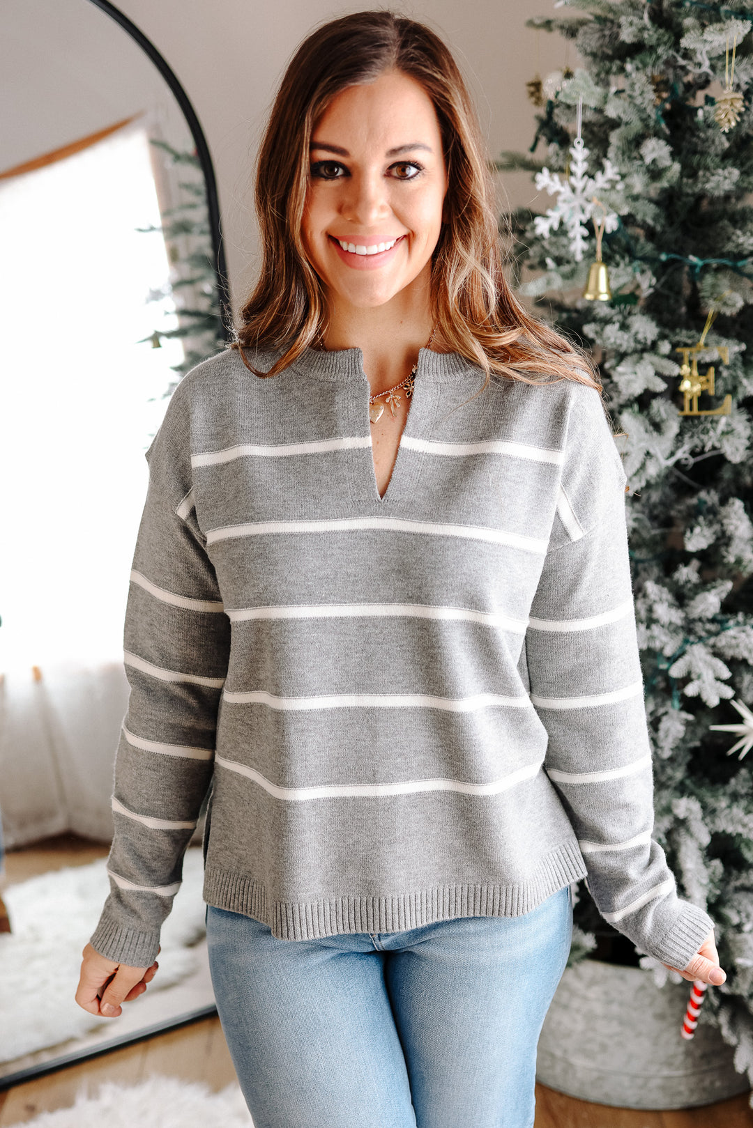 Arden Stripe V-Neck Sweater - Grey