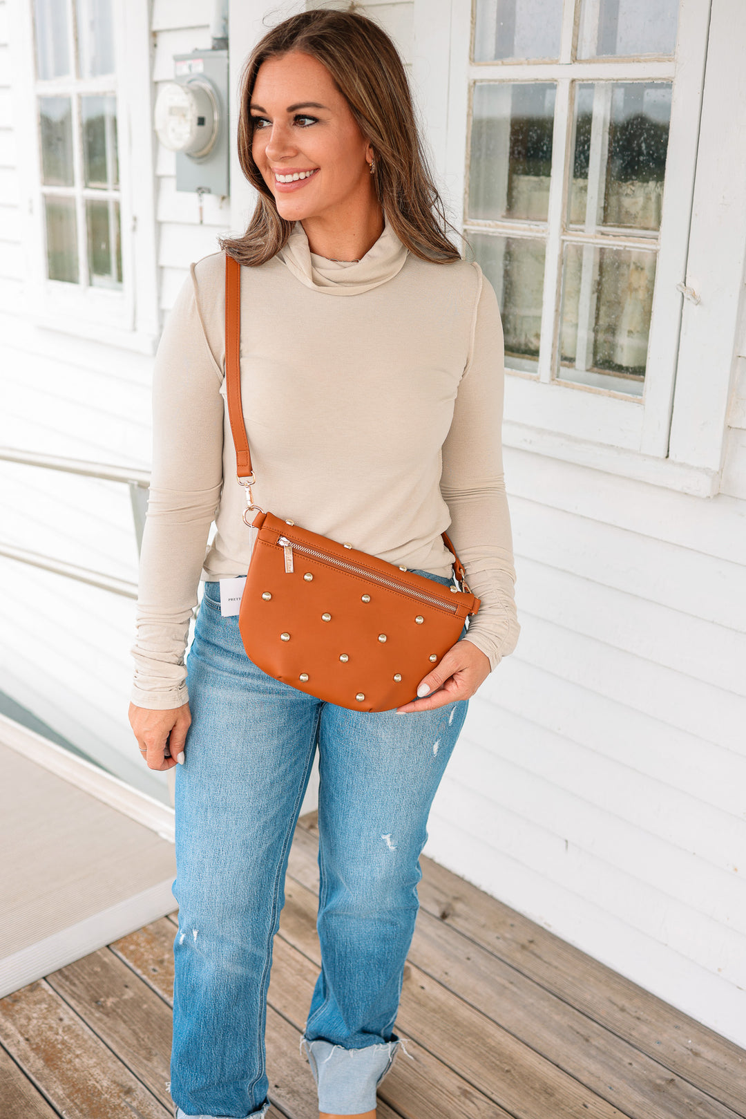 Chic Gold Studded Westlyn Bum Bag - Brown