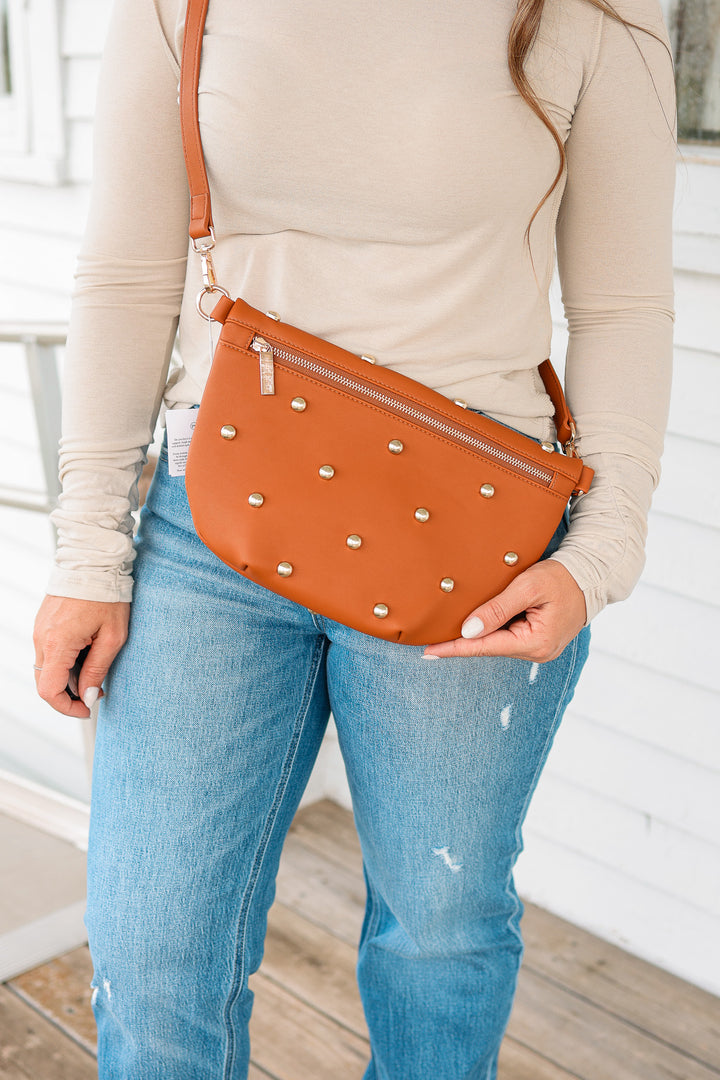 Chic Gold Studded Westlyn Bum Bag - Brown