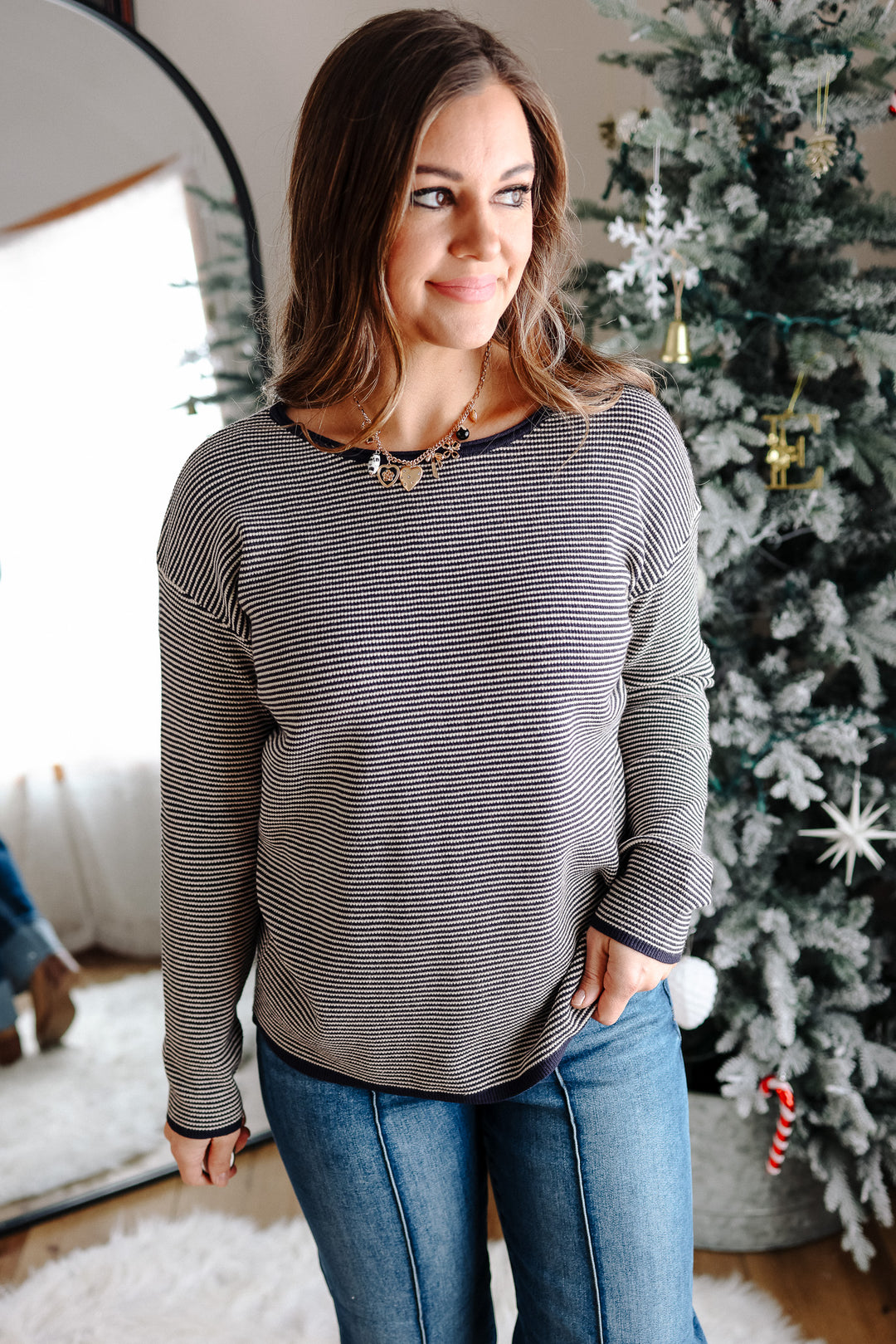 Addison Waffle Pinstriped Long Sleeve - Navy