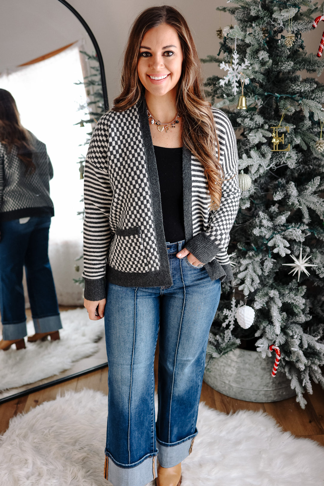 Eden Checkers and Stripes Cardigan - Charcoal