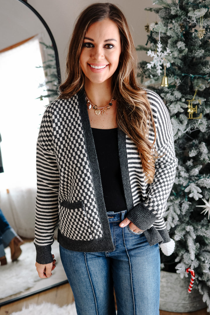Eden Checkers and Stripes Cardigan - Charcoal